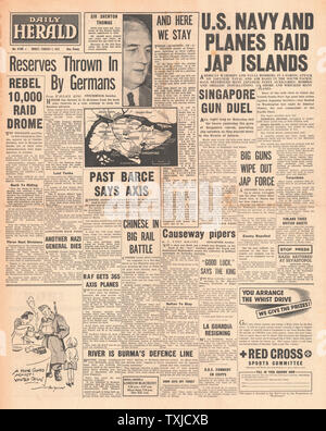 1942 front page Daily Herald U.S. Navy bombarde îles des Mers du Sud Banque D'Images