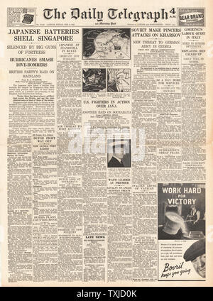 1942 front page Daily Telegraph Bataille pour Singapour, Java et Kharkov Banque D'Images