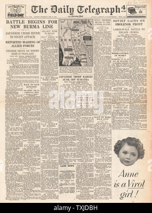1942 front page Daily Telegraph bataille pour la Birmanie et Sumatra Banque D'Images