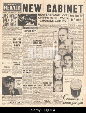 1942 front page Daily Herald Gouvernement Britannique Cabinet re-shuffle et Bataille pour la Birmanie Banque D'Images