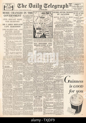 1942 front page Daily Telegraph de nouvelles nominations par le gouvernement et la bataille pour la Birmanie Banque D'Images