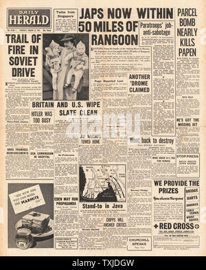 1942 front page Daily Herald bataille pour la Birmanie Banque D'Images