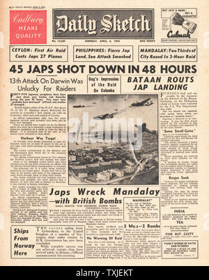 1942 front page Daily Sketch des raids aériens japonais sur Ceylan, Bataille pour la Birmanie et pourparlers diplomatiques en Inde Banque D'Images