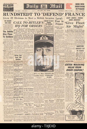 1942 front page Daily Mail Général Gerd von Runstedt nommé commandant des forces allemandes en France Banque D'Images