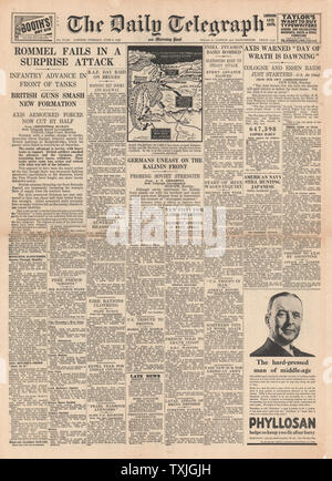 1942 front page Daily Telegraph bataille pour la Libye et a mis en garde contre l'axe de plus de bombardements Banque D'Images