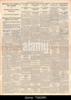 1942 page 4 la fois Bataille de Midway, Bataille pour la Libye, Bataille pour Sabastapol, et allemand sur les représailles ville tchèque de Lidice Banque D'Images