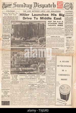 1942 front page dimanche expédition Hitler lance dur sur le Moyen-Orient et les bombardements de Cologne Banque D'Images