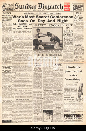 1942 front page dimanche expédition Churchill et Roosevelt en conférence et Bataille pour Tobrouk Banque D'Images