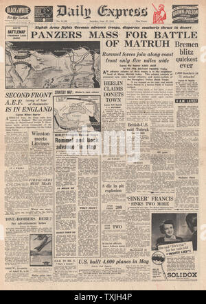 1942 front page Express tous les jours à l'avance de l'armée allemande en Égypte et la masse des réservoirs pour bataille de Matruh et raid de bombardement de la RAF sur Brême Banque D'Images