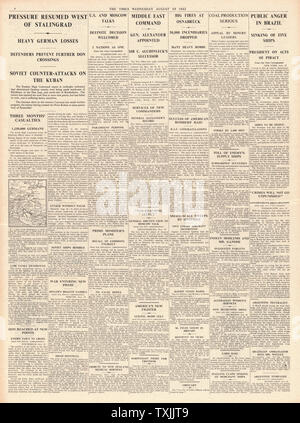 1942 page 4 la fois Bataille pour Stalingrad, remplace le général Alexander Auchinleck, RAF bombarder Osnabrück et U-boats allemands couler des navires marchands brésiliens Banque D'Images