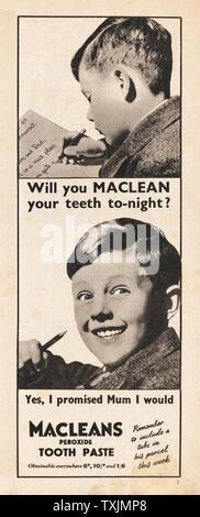 1940 UK magazine Macleans annonce Dentifrice Banque D'Images