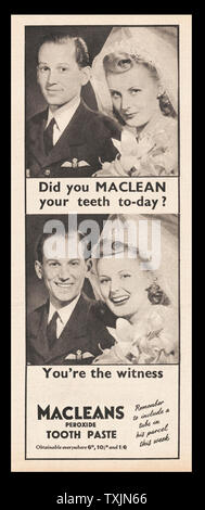 1940 UK magazine Macleans annonce Dentifrice Banque D'Images