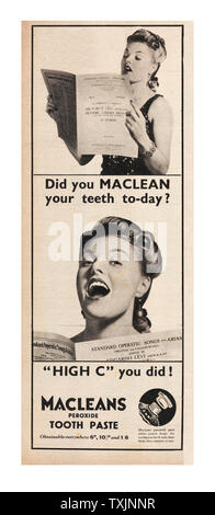 1940 UK magazine Macleans annonce Dentifrice Banque D'Images