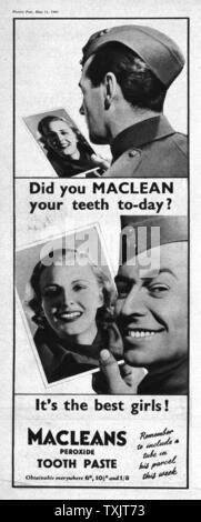 1940 UK magazine Macleans annonce Dentifrice Banque D'Images