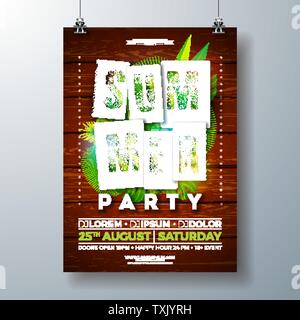 SummerParty vecteur flyer design avec des feuilles de palmiers tropicaux et de papier Découpage Typographie lettre sur fond de bois Vintage. Des vacances d'illustration Illustration de Vecteur