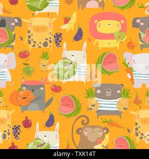 Modèle sans couture avec cartoon animaux holding fruits et légumes sur fond orange Illustration de Vecteur
