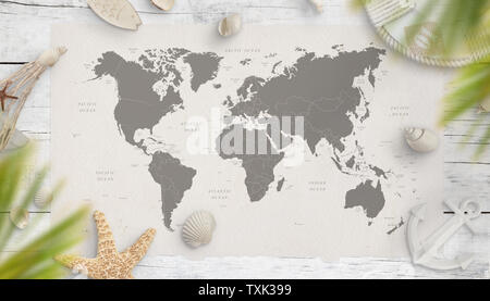 Carte du monde entouré de la mer vacances d'été et les choses sur la table en bois. Concept de voyage. Mise à plat. Banque D'Images