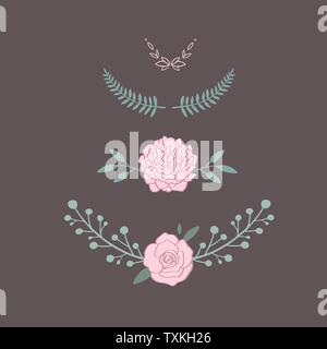 Vector Floral bouquet de rose, pivoine, anemone, sakura, fleurs sauvages. Rustique dessiné à la main des objets isolés. Les cartes d'Invitation de décoration pour mariage, Illustration de Vecteur