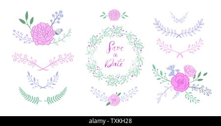 Bouquet floral vector set avec avec rose, pivoine, anemone, sakura, fleurs sauvages. Rustique à la main, des frontières, des images isolées couronne . Illustration de Vecteur