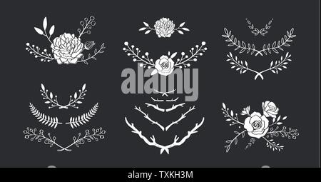 Bouquet floral vector set avec avec rose, pivoine, anemone, sakura, fleurs sauvages. Rustique à la main, des frontières, des images isolées couronne . Illustration de Vecteur