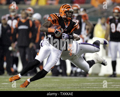 Cincinnati Bengals le receveur Chad Johnson (85) est abordé par le secondeur Ray Lewis Baltimore Ravens (52) au Stade Paul Brown à Cincinnati, le 30 novembre 2006. (UPI Photo/Mark Cowan) Banque D'Images