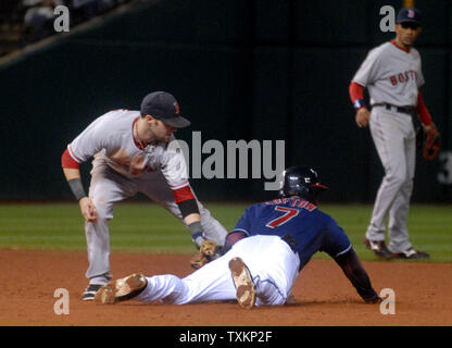 Les Indians de Cleveland Kenny Lofton glisse dans la deuxième avec un vol de base contre les Red Sox de Boston's Julio Lugo lors de la cinquième manche de quatre jeux de la série de championnat de la ligue américaine au Jacobs Field à Cleveland le 16 octobre 2007. (UPI Photo/Kevin Dietsch) Banque D'Images