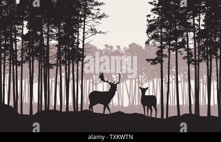 Illustration réaliste du paysage avec la forêt de conifères et d'arbres de pins matin ciel rétro. Le Cerf et biche avec bois debout. Approprié comme adver Illustration de Vecteur