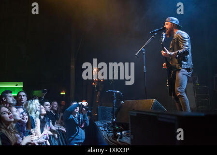 15.04.2019. RIGA, Lettonie. Matthieu Matt Tuck, vocal et le guitariste du groupe de metalcore gallois Bullet For My Valentine, au cours d'une interprétation dans Palladium Riga. Banque D'Images