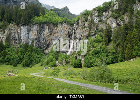 Vue paysage de la chute d'Mattbachfall dans une forêt luxuriante et montagnes dans le Weisstannental dans les Alpes Suisses près de Sargans Banque D'Images