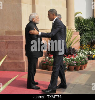 Premier Ministre Shri Narendra Modi reçoit le président américain Barack Obama à Hyderabad House à New Delhi, Inde le 25 janvier 2015. Le président Obama est sur une visite de trois jours et sera l'invité d'honneur de la République de l'Inde au jour des célébrations. UPI Banque D'Images