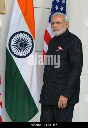 Le Premier Ministre Indien Shri Narendra Modi se distingue par le drapeau indien à Hyderbad House à New Delhi le 25 janvier 2015. Le président BarackObama est sur une visite de trois jours et sera l'invité d'honneur de la République de l'Inde au jour des célébrations. UPI Banque D'Images