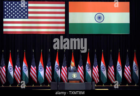 Le président des États-Unis, Barack Obama livre son discours à l'Siri Fort Auditorium à New Delhi le mardi 27 janvier, 2015. Obama a conclu sa visite de trois jours en Inde et a quitté New Delhi pour l'Arabie Saoudite. UPI Banque D'Images