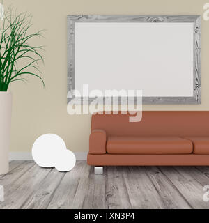 Grande maquette poster dans une chambre moderne avec un mur lumineux et un sol en parquet, 3D Rendering Banque D'Images