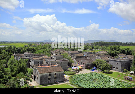 Voir l'horizon de la Chine vieille ville avec la tour de champ : Kaiping Diaolou, UNESCO World Heritage site, ciel bleu dans le pré à Guangdong Chine Banque D'Images