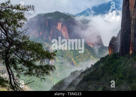 Paysage avec des nuages bas plus de mille collines Turtle, elevated view, Lijiang, dans la province de Hunan, Chine Banque D'Images