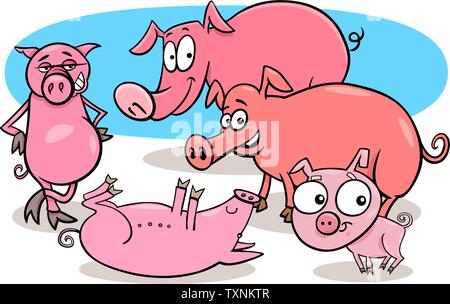 Cartoon Illustration de Funny Farm Animal Porcs Groupe Caractères Illustration de Vecteur