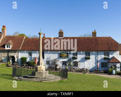 Mémorial de guerre sur le village vert devant le Tiger Inn à East Dean près d'Eastbourne, East Sussex, Royaume-Uni. Banque D'Images