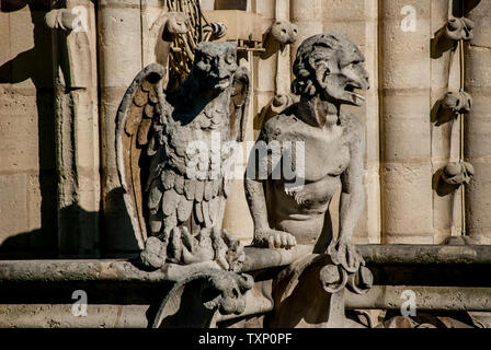 Le Stryge Chimera domine Paris du haut de Notre-Dame de Paris. Banque D'Images