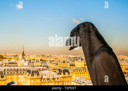 Le Stryge Chimera domine Paris du haut de Notre-Dame de Paris. Banque D'Images