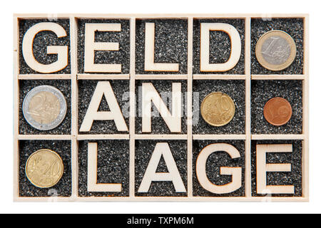 Boîte de collecte en bois avec décoration noir rempli de sable où les sujets isolés mot cassé argent plante est présenté avec du contreplaqué de lettres et de diff Banque D'Images