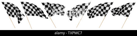 Ensemble prédéfini de forme noir blanc drapeau à damiers avec bâton en bois Sport et sport concept de course de fond isolé Banque D'Images