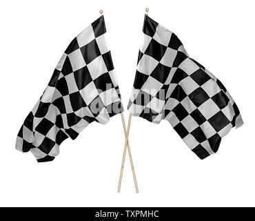 Deux paire croisée de forme noir blanc drapeau à damiers avec bâton en bois Sport et sport concept de course de fond isolé Banque D'Images