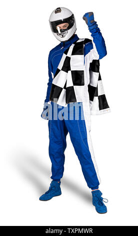 Déterminé dans race driver bleu blanc motorsport dans l'ensemble des gants chaussures de sécurité et le port du casque intégral checkered drapeau à damiers isolated on white backg Banque D'Images