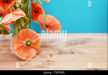 Détail de coquelicots roses avec des pétales d'un vase en verre en cascade sur la liquidation des tiges. Copie de l'espace sur fond bleu turquoise et table en bois. Banque D'Images