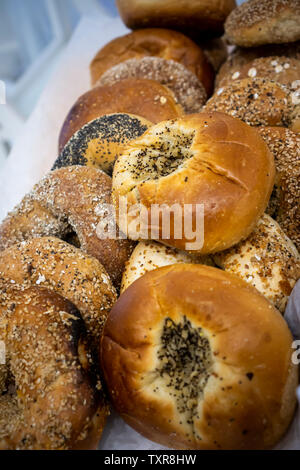 Une sélection de bagels, petits pains et autres produits de pain sur l'affichage à une boulangerie à New York, le samedi 22 juin, 2019. (© Richard B. Levine) Banque D'Images