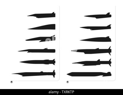 Ensemble de silhouette noire hypersonic roquettes sont isolés sur un fond blanc. L'ensemble a différentes formes et taille des roquettes. Illustration de Vecteur