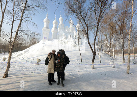 Un château de neige géantes se trouve dans une petite forêt que le chinois et touristes étrangers visitent la 33e Harbin International Ice and Snow Sculpture Festival qui a ouvert la semaine dernière à Harbin, la capitale de la province du nord-est de la Chine, le 7 janvier 2017. Le festival annuel a lieu principal, présenté comme le plus grand parc de plein air 'gel', a attiré plus de un million de touristes l'année dernière pour voir la vaste collection de structures de glace sculptés et des sculptures. Photo par Stephen Shaver/UPI Banque D'Images