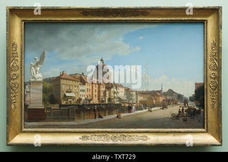 Peinture 'Vue arrière des maisons à Schloßfreiheit' par peintre romantique allemand Eduard Gärtner (1855) sur l'affichage dans la Alte Nationalgalerie (ancienne Galerie Nationale) à Berlin, Allemagne. Le dôme de la Berliner Stadtschloss (Palais d'Etat de Berlin) et la Schlossbrücke (Pont du Palais) au cours de la rivière Spree à Berlin sont vus dans le halètement. Banque D'Images