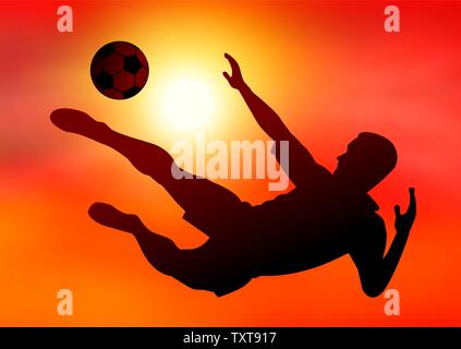 Silhouette d'un joueur de football avec le ballon sur l'arrière-plan de la coucher du soleil. Le ballon de football kicks. Athlète actif avec la balle. Illustration de Vecteur