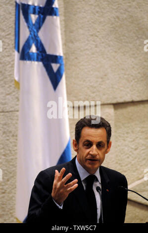 Le président français Nicolas Sarkozy parle à la Knesset israélienne à Jérusalem, le 23 juin 2008. (Photo d'UPI/Debbie Hill - Piscine) Banque D'Images